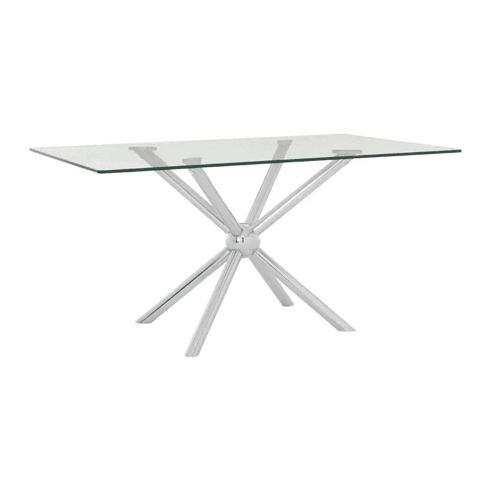 Buy modern glass dining table online, stainless steel base, contemporary kitchen furniture
