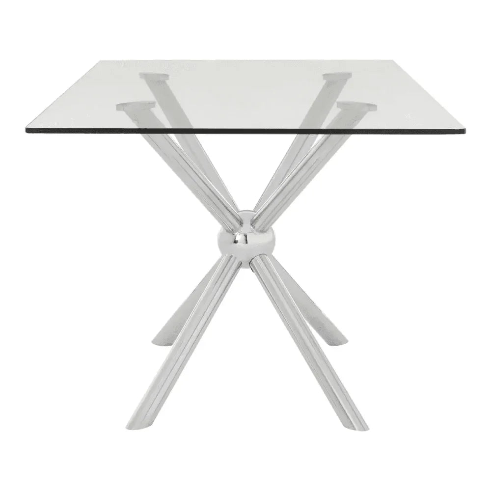 Buy modern glass dining table with chrome metal legs online, contemporary kitchen furniture