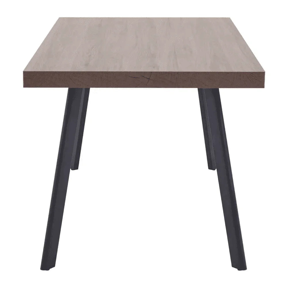 Buy modern wood dining table online, rectangular tabletop with black metal legs, furniture sale