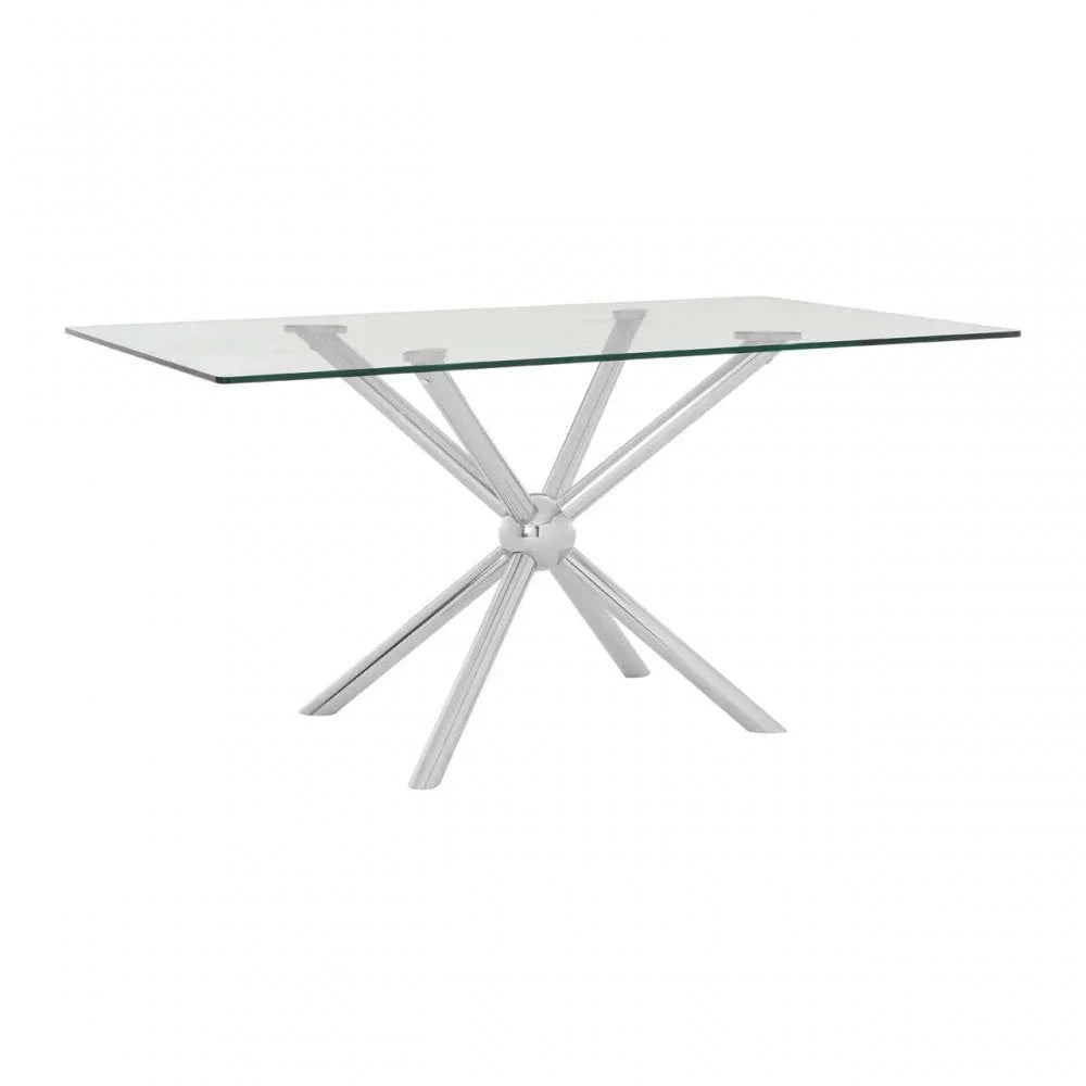 Buy modern glass dining table online, stainless steel base, contemporary kitchen furniture