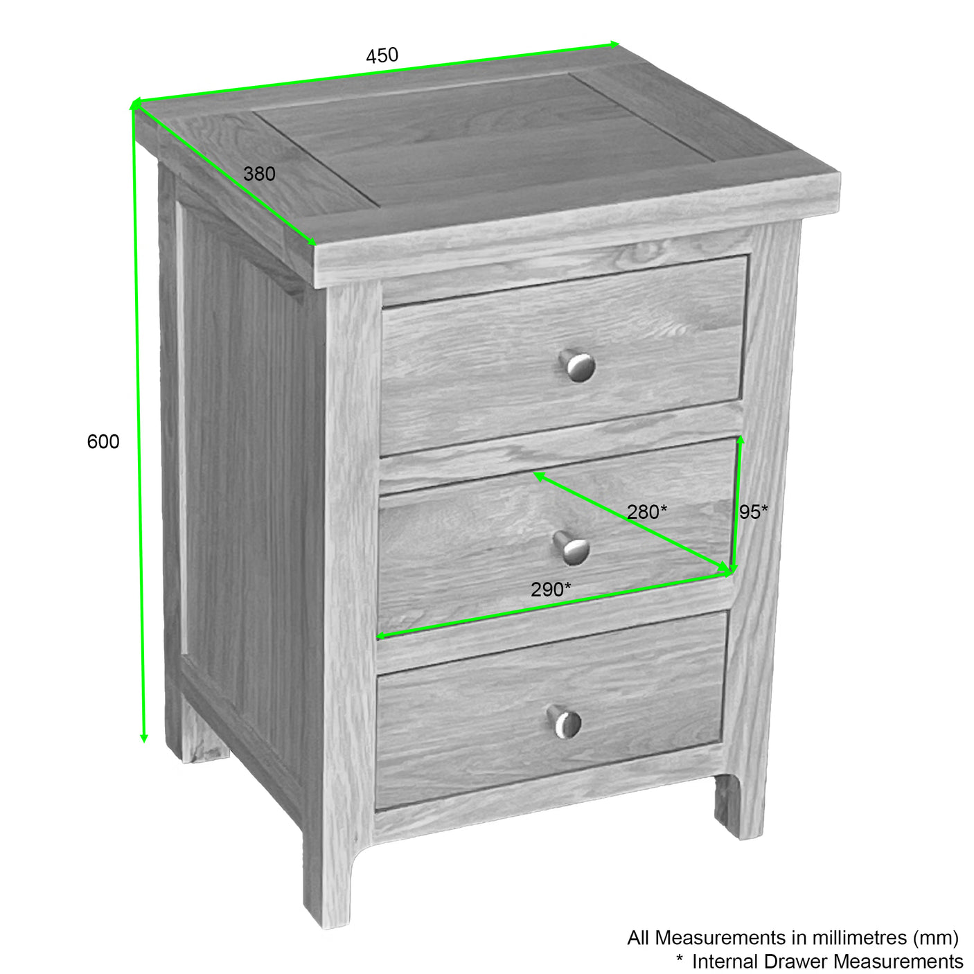 Como 3 Drawer Bedside Cabinet