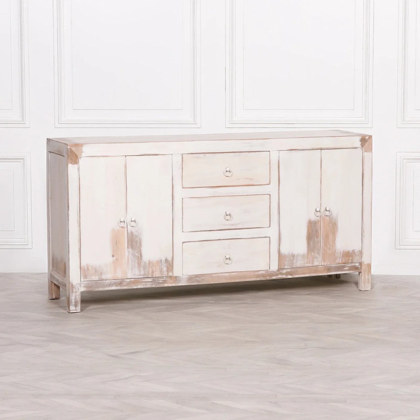 White Distressed Oriental Sideboard