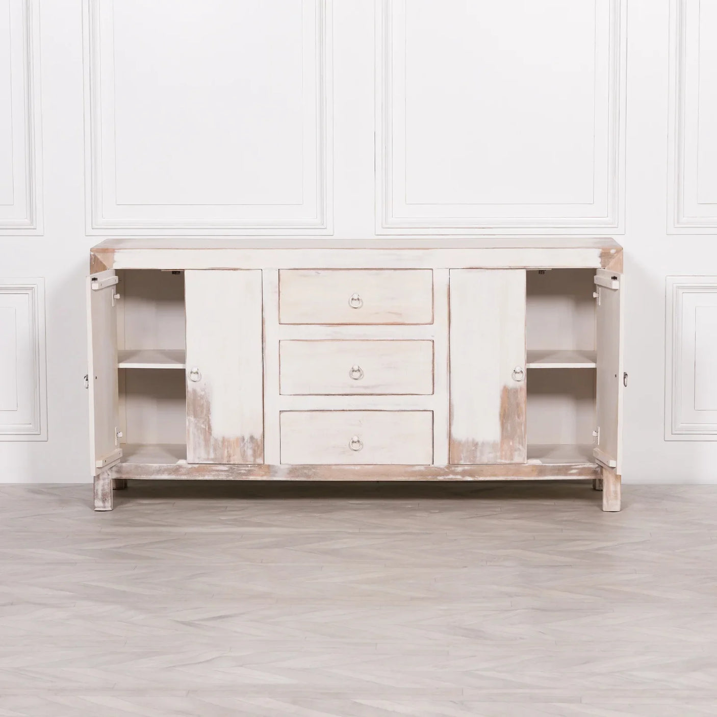 White Distressed Oriental Sideboard
