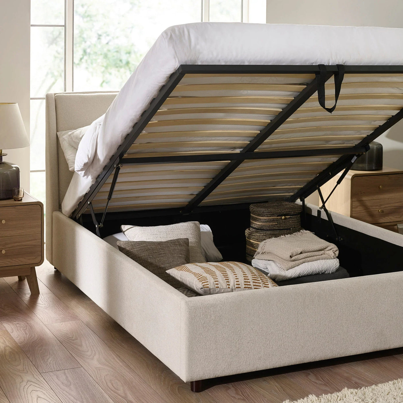Maddock Ottoman Storage Bed - Beige / King - MAD002