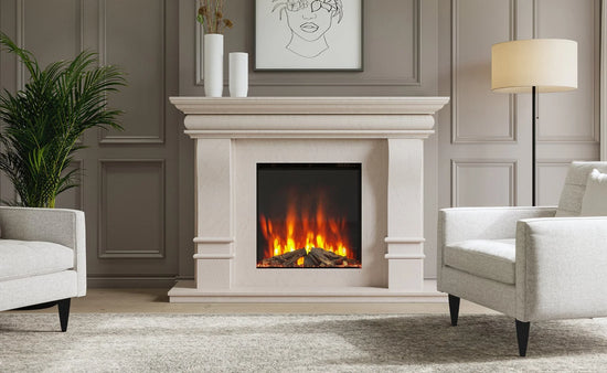 Buy modern electric fireplace online, elegant stone mantel, living room heater décor