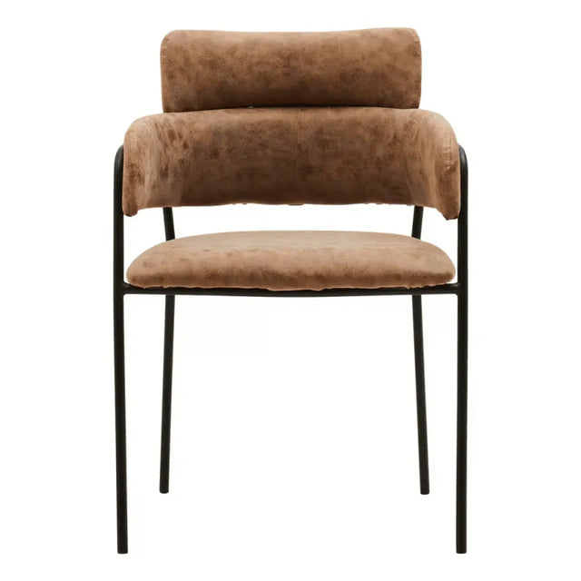 Buy modern brown upholstered dining chair online, velvet seat with black metal frame